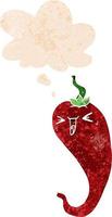 cartoon hot chili pepper and thought bubble in retro textured style vector