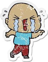 distressed sticker of a cartoon crying bald man vector