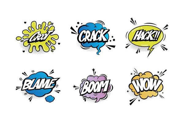 A set of comic bubbles and elements with halftone shadows
