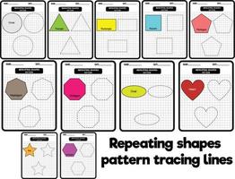 All About Shapes on Grid. Repeat Pattern. Tracing Lines Activity, Special for preschool kids. Worksheet for practicing fine motor skills. vector