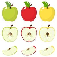 conjunto de manzana fresca entera, mitad, rebanada cortada y hojas de color manzana aislada sobre fondo blanco. frutas de verano para un estilo de vida saludable. fruta organica estilo de dibujos animados ilustración vectorial para cualquier diseño.