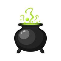 Witches black steel cauldron with boiling green magic potion isolated on white background. Decorative element for Halloween. Vector illustration for any design.