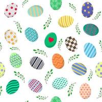 Seamless Pattern with Different Easter Eggs and Green Branches on white. Perfect for Wrapping Paper, Wallpaper, Fabric. Vector illustration for Your Design, Web.