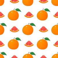 Seamless pattern with fresh bright exotic whole and cut slice grapefruit isolated on white background. Summer fruits for healthy lifestyle. Organic fruit. Vector illustration for any design.