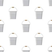 Seamless pattern with tin metal iron bucket empty or with water on white background. Cartoon style. Vector illustration for design, web, wrapping paper, fabric, wallpaper.