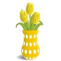 Realistic yellow tulips in vase isolated on white background. Boucket of tulips. Vector Illustration for Your Design.