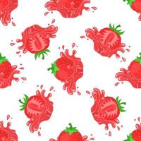 Seamless pattern with fresh bright strawberry juice splash burst isolated on white background. Summer fruit juice. Cartoon style. Vector illustration for any design.