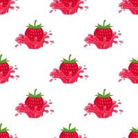 Seamless pattern with fresh bright raspberry juice splash burst isolated on white background. Summer fruit juice. Cartoon style. Vector illustration for any design.