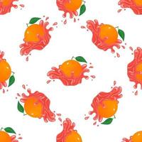 Seamless pattern with fresh bright grapefruit juice splash burst isolated on white background. Summer fruit juice. Cartoon style. Vector illustration for any design.