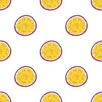 Seamless pattern with fresh bright exotic cut slice passion fruit on white background. Summer fruits for healthy lifestyle. Organic fruit. Cartoon style. Vector illustration for any design.