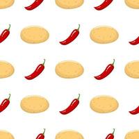 Seamless pattern with potato and chilli pepper vegetables. Organic food. Cartoon style. Vector illustration for design, web, wrapping paper, fabric, wallpaper.