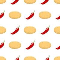 Seamless pattern with potato and chilli pepper vegetables. Organic food. Cartoon style. Vector illustration for design, web, wrapping paper, fabric, wallpaper.