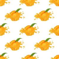 Seamless pattern with fresh peach juice splash burst isolated on white background. Summer fruit juice. Cartoon style. Vector illustration for any design.