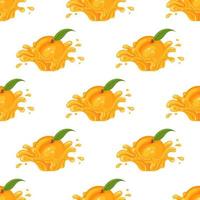 Seamless pattern with fresh peach juice splash burst isolated on white background. Summer fruit juice. Cartoon style. Vector illustration for any design.