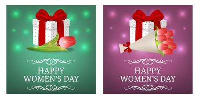 Women's Day Party Invitations and Greeting Cards with Gift Box and Bouquet of Tulips. Gift Box with Red Bow. Vector illustration.