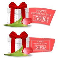 Women's Day Discount Banners with Gift Box and Tulip. Gift Box with Red Bow. Voucher, flyers, invitation, posters, brochure, coupon discount,greeting card. Vector illustration.