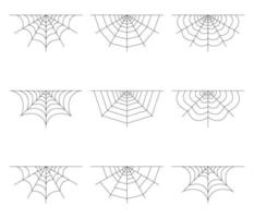 Set of half spider web isolated on white background. Halloween spiderweb elements. Collection cobweb line style. Vector illustration for any design.