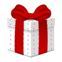 Realistic Vector 3d Gift Box with Red Bow isolated on white background. Element for Various Holiday Designs. Christmas, Valentine's day, New Year, Celebrations, Birthdays.