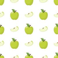 Seamless pattern with green whole and slice apples on white background. Organic fruit. Cartoon style. Vector illustration for design, web, wrapping paper, fabric, wallpaper.
