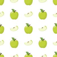 Seamless pattern with green whole and slice apples on white background. Organic fruit. Cartoon style. Vector illustration for design, web, wrapping paper, fabric, wallpaper.