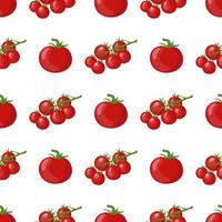 Seamless pattern with fresh tomato and cherry tomato branch vegetables. Organic food. Cartoon style. Vector illustration for design, web, wrapping paper, fabric, wallpaper.