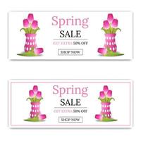 Spring Sale Banner Template Background with Bouquet of Tulips. Voucher, flyers, invitation, posters, brochure, coupon discount,greeting card. Vector illustration.