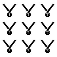 Set of medal icons isolated on white background. First, second, third places. Black silhouette of winner symbol. Clean and modern vector illustration for design, web.