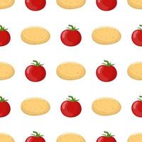 Seamless pattern with potato and red tomato vegetables. Organic food. Cartoon style. Vector illustration for design, web, wrapping paper, fabric, wallpaper.