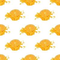 Seamless pattern with fresh bright orange, mandarin or tagerine juice splash burst isolated on white background. Summer fruit juice. Cartoon style. Vector illustration for any design.