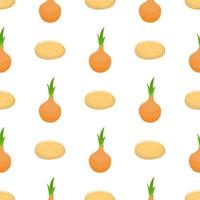 Seamless pattern with potato and onion vegetables. Organic food. Cartoon style. Vector illustration for design, web, wrapping paper, fabric, wallpaper.