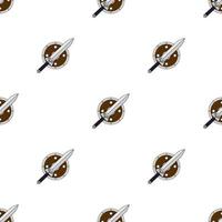 Seamless pattern with cartoon sword and shield on white background. Medieval weapon. Adventure iItems. Vector illustration for design, web, wrapping paper, fabric, wallpaper.