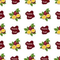 Seamless pattern with fresh bright exotic whole and cut slice passion fruit on white background. Summer fruits for healthy lifestyle. Organic fruit. Cartoon style. Vector illustration for any design.