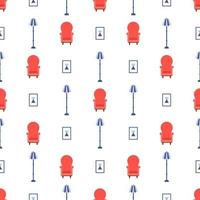 Seamless pattern with vintage cozy red armchair, abstract picture and lamp. Interior of the living room. Vector illustration for design, web, wrapping paper, fabric, wallpaper