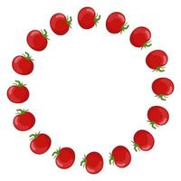 Circle Frame from Tomatoes with Space for Text. Fresh Red Tomato Vegetable isolated on white background. For Market, Recipe Design. Organic Food. Cartoon Style. Vector illustration for Your Design.