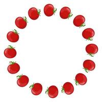 Circle Frame from Tomatoes with Space for Text. Fresh Red Tomato Vegetable isolated on white background. For Market, Recipe Design. Organic Food. Cartoon Style. Vector illustration for Your Design.