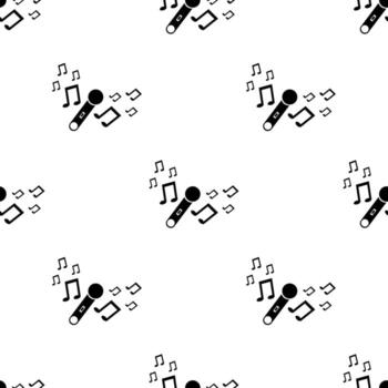 patrón impecable con silueta negra de micrófono con signos musicales sobre fondo blanco. icono sencillo. elementos decorativos de vacaciones. ilustración vectorial para diseño, web, papel de regalo, tela vector