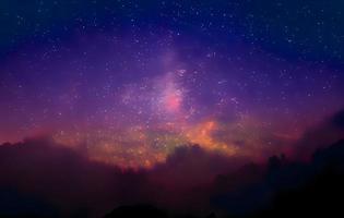 Milky Way and pink light at mountains. Night colorful landscape. Starry sky with hills at summer. Beautiful Universe. Space background with galaxy. Travel background photo