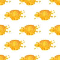 Seamless pattern with fresh bright orange, mandarin or tagerine juice splash burst isolated on white background. Summer fruit juice. Cartoon style. Vector illustration for any design.