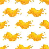 Seamless pattern with fresh peach juice splash burst isolated on white background. Summer fruit juice. Cartoon style. Vector illustration for any design.