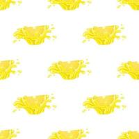 Seamless pattern with fresh bright lemon juice splash burst isolated on white background. Summer fruit juice. Cartoon style. Vector illustration for any design.