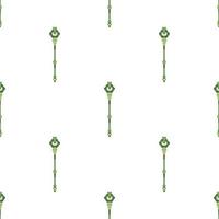 Seamless pattern with green magic staff icon on white background. Magic wand, scepter, stick, rod. Vector illustration.
