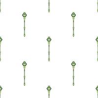 Seamless pattern with green magic staff icon on white background. Magic wand, scepter, stick, rod. Vector illustration.