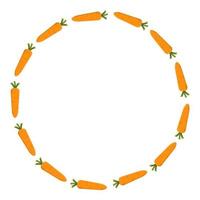 Carrot Wreath. Fresh Vegetables isolated on white background. Circle Frame from Carrot for Market, Recipe Design. Cartoon Style. Vector illustration for Your Design, Web.