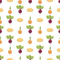 Seamless pattern with fresh beet, onion and potato vegetables. Organic food. Cartoon style. Vector illustration for design, web, wrapping paper, fabric, wallpaper.