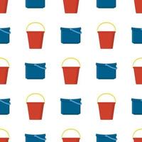 Seamless pattern with plastic red and blue bucket empty or with water on white background. Cartoon style. Vector illustration for design, web, wrapping paper, fabric, wallpaper.