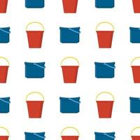 Seamless pattern with plastic red and blue bucket empty or with water on white background. Cartoon style. Vector illustration for design, web, wrapping paper, fabric, wallpaper.