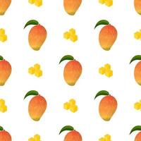 Seamless pattern with fresh bright exotic whole and sliced mango isolated on white background. Summer fruits for healthy lifestyle. Organic fruit. Cartoon style. Vector illustration for any design.