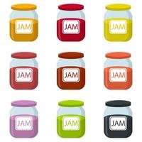 Set of Vector Jam Jar isolated on white background. Natural Healthy Food Production Jam. Strawberry, Raspberry, Kiwi, Lemon, Apricot, Grape. Vector illustration for Your Design.