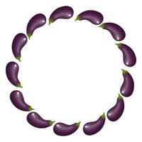 Wreath from Eggplants with Space for Text. Raw Ripe Aubergine Vegetables isolated on white background. Organic Food. Cartoon Style. Vector illustration for Your Design, Web.