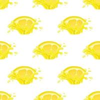 Seamless pattern with fresh bright lemon juice splash burst isolated on white background. Summer fruit juice. Cartoon style. Vector illustration for any design.